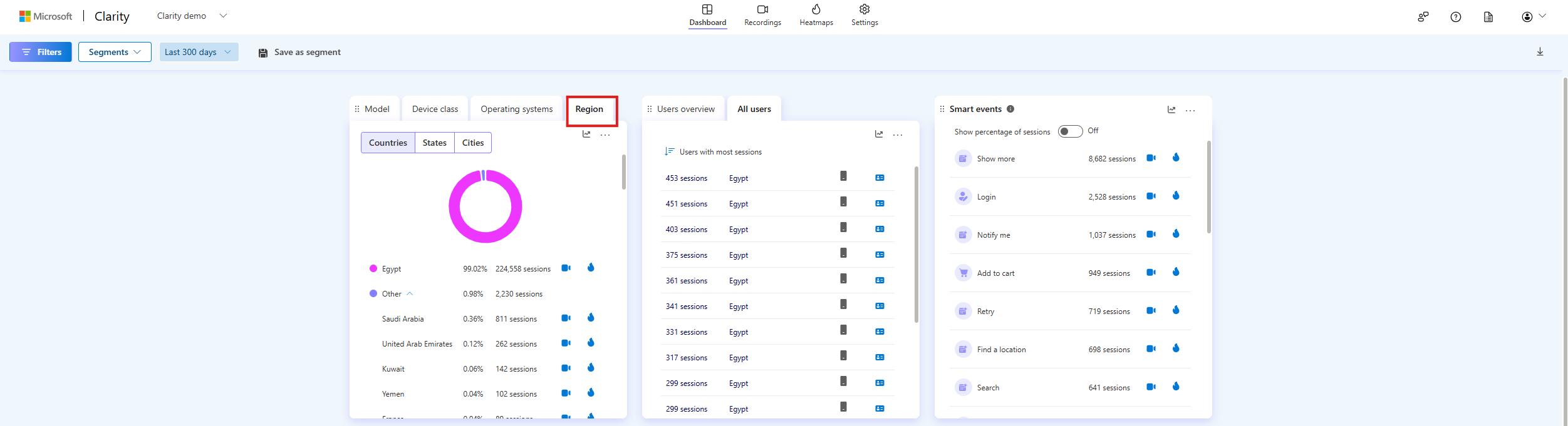 Regions tab for mobile apps.