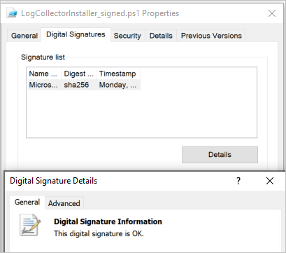 Screenshot of digital signature details confirming the file is validly signed by Microsoft Corporation.