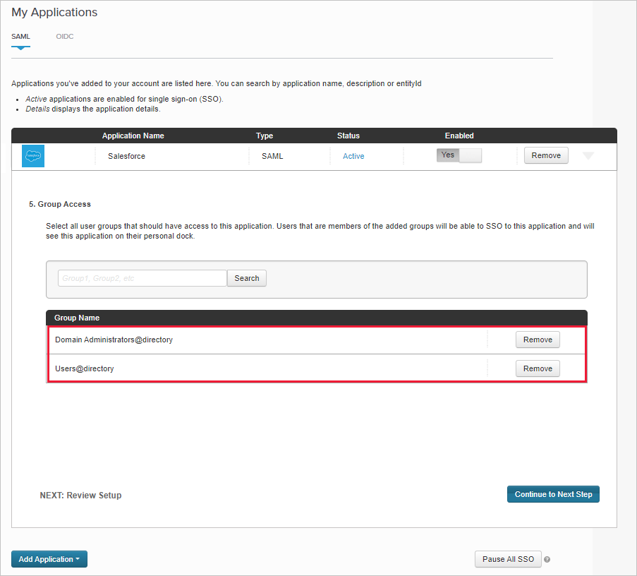 Note existing Salesforce app's assigned groups.