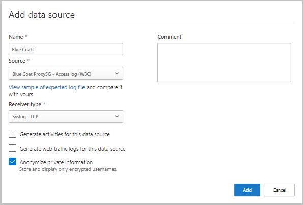 Screenshot of the Add data source dialog with fields for name, source, and receiver type.