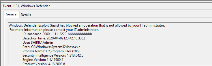 Screenshot of block credential stealing from LSASS.