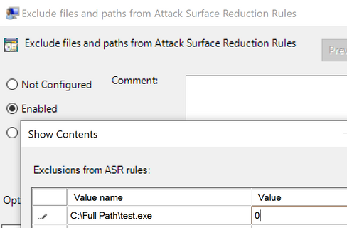 Screenshot of excluding files from ASR rules.