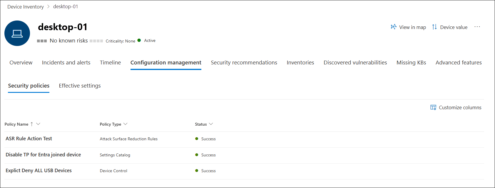 Screenshot of the Security policies tab on the device page listing applied policies.