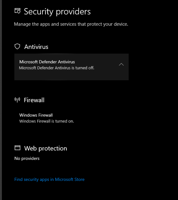 Screenshot of security providers.