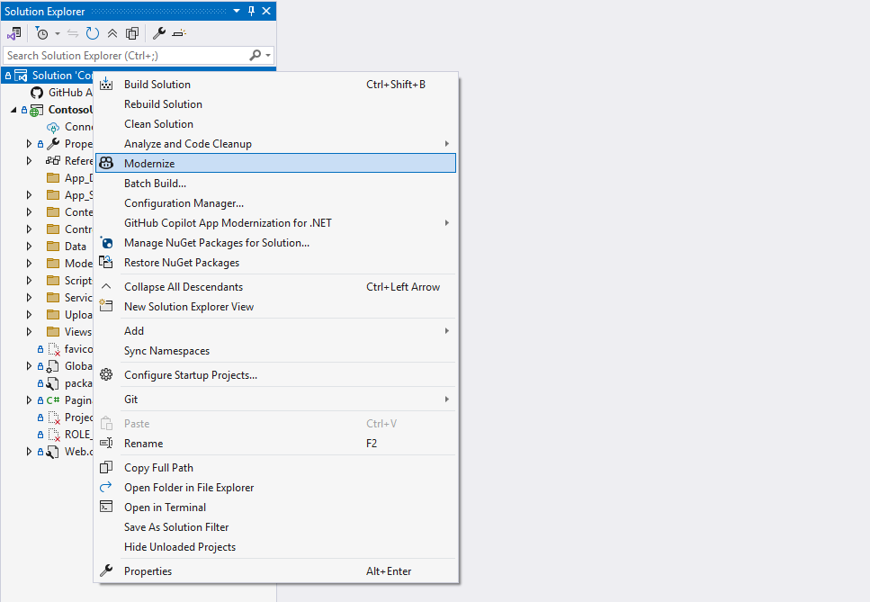Screenshot that shows the modernize option in the context menu.