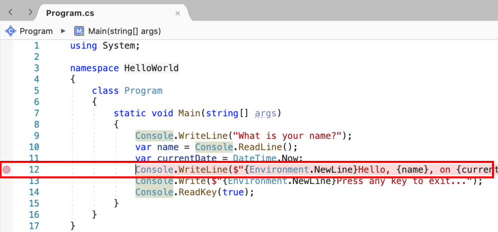 Visual Studio Program window with breakpoint set