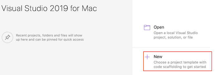 New button on the Visual Studio for Mac Start screen