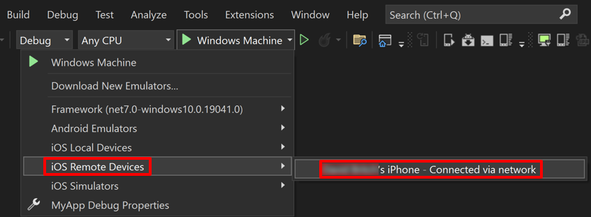 Select your remote device in Visual Studio.