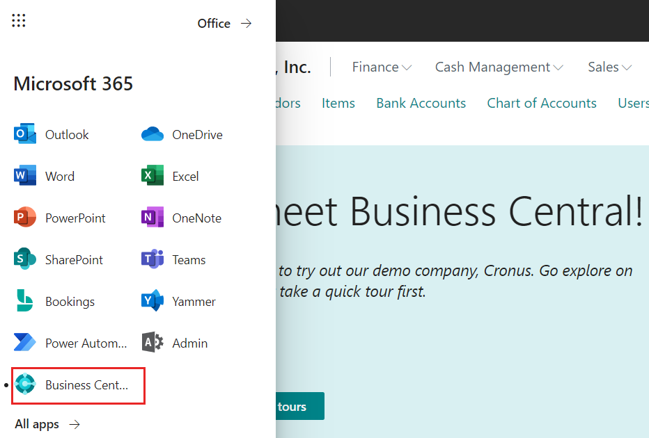 The Microsoft 365 app launcher showing the Business Central tile.