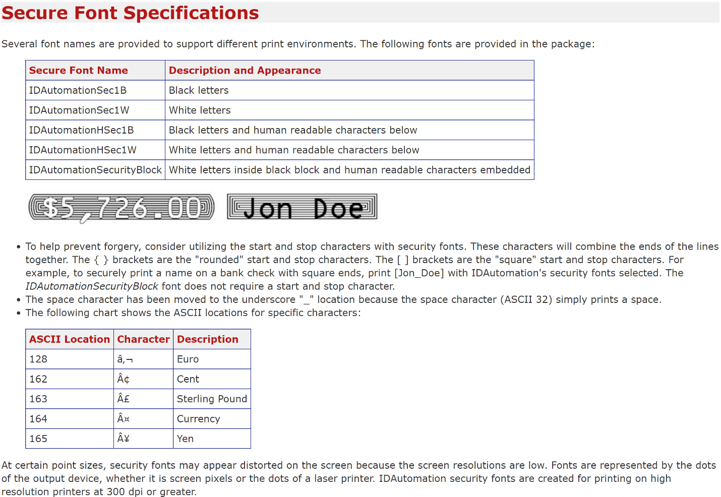 Cheque Security Font Specifications.