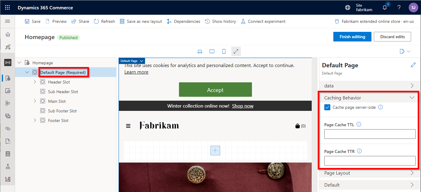 Screenshot of configuring page caching in Commerce site builder.