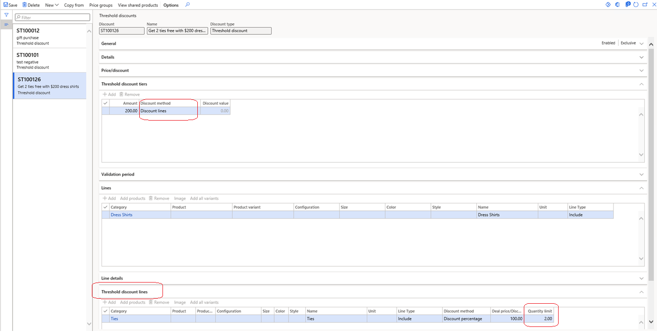 Screenshot of the gift with purchase example configuration in Commerce headquarters.