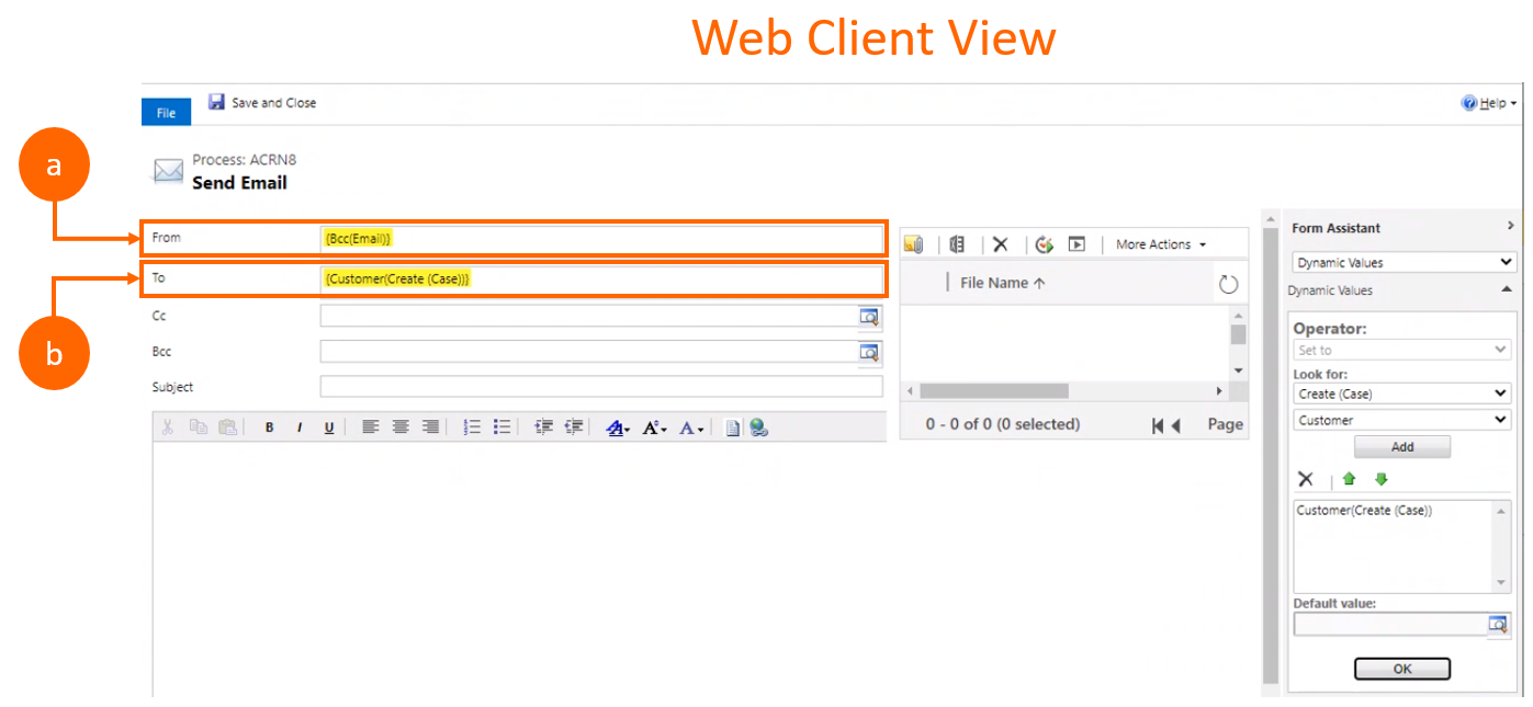 Screenshot of the premigration web client view where a workflow has two activity party-type attributes, From and To Screenshot of the premigration web client view where a workflow has two activity party-type attributes, From and To.