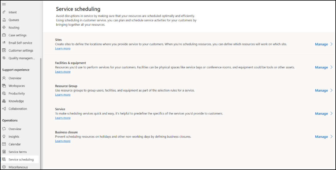 Screenshot of Service Scheduling entry point from Copilot Service admin center.