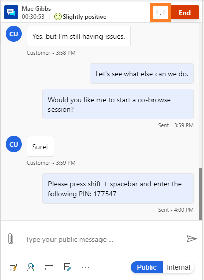 Service representative requests a cobrowse session during live chat Service representative requests a cobrowse session during live chat.