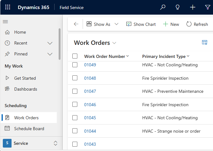 Screenshot of a list of work orders in Field Service.