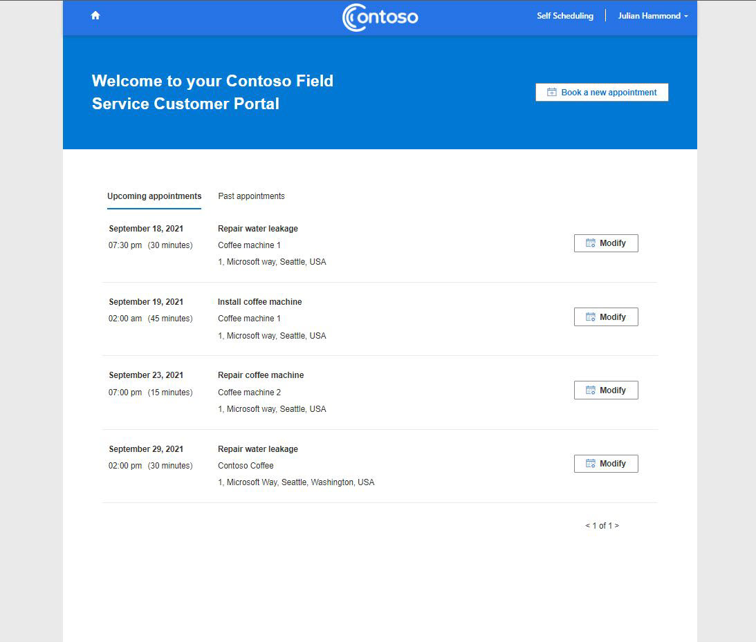 Screenshot of a list of upcoming scheduled appointments in the customer experience portal.