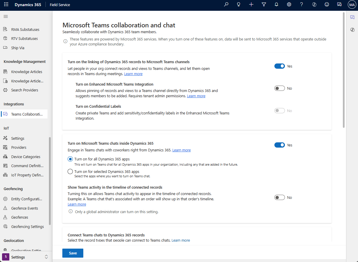 Screenshot of the Teams integration settings in Field Service.