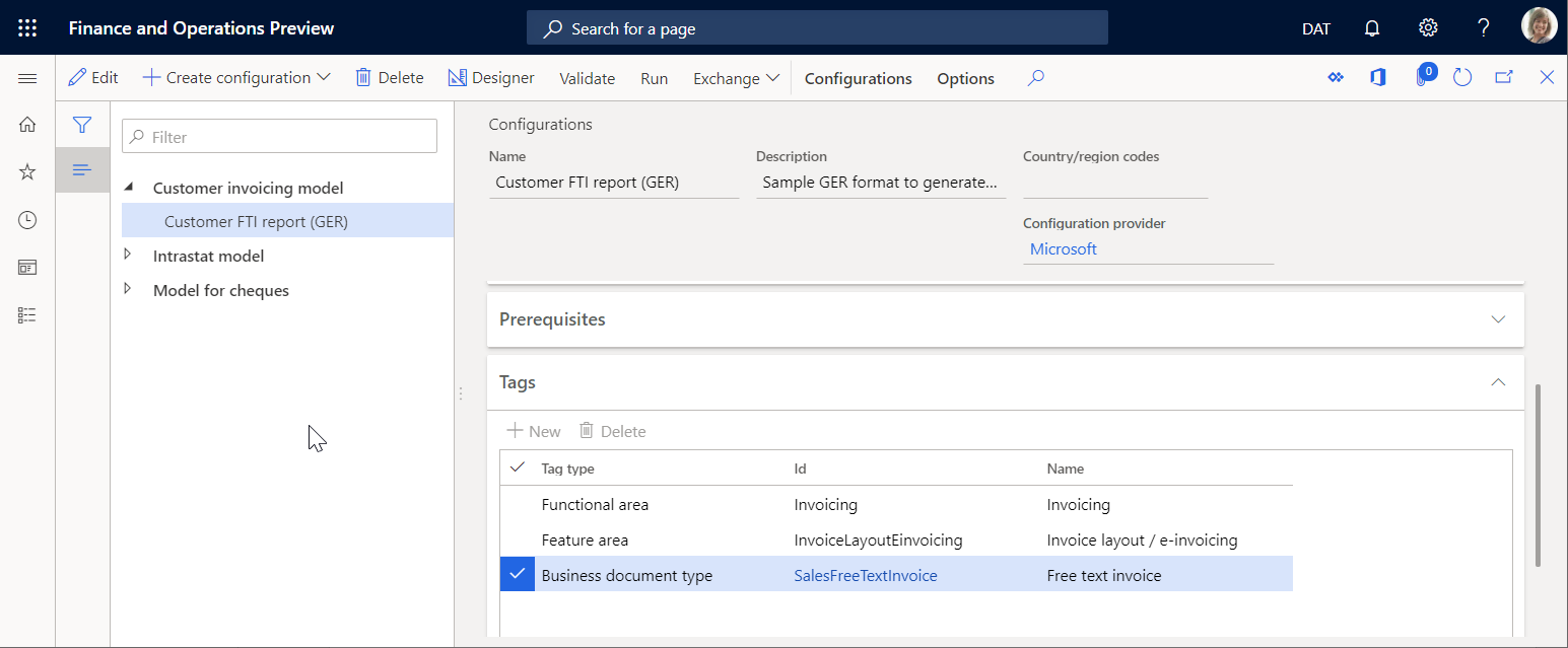 Screenshot of the ER configurations page with Business document type tag.