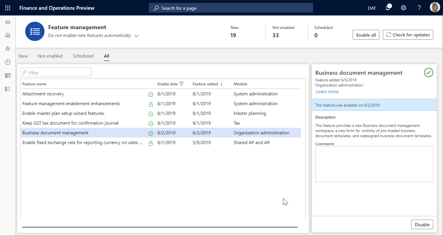 Screenshot of the Feature management workspace with the Business document management feature.