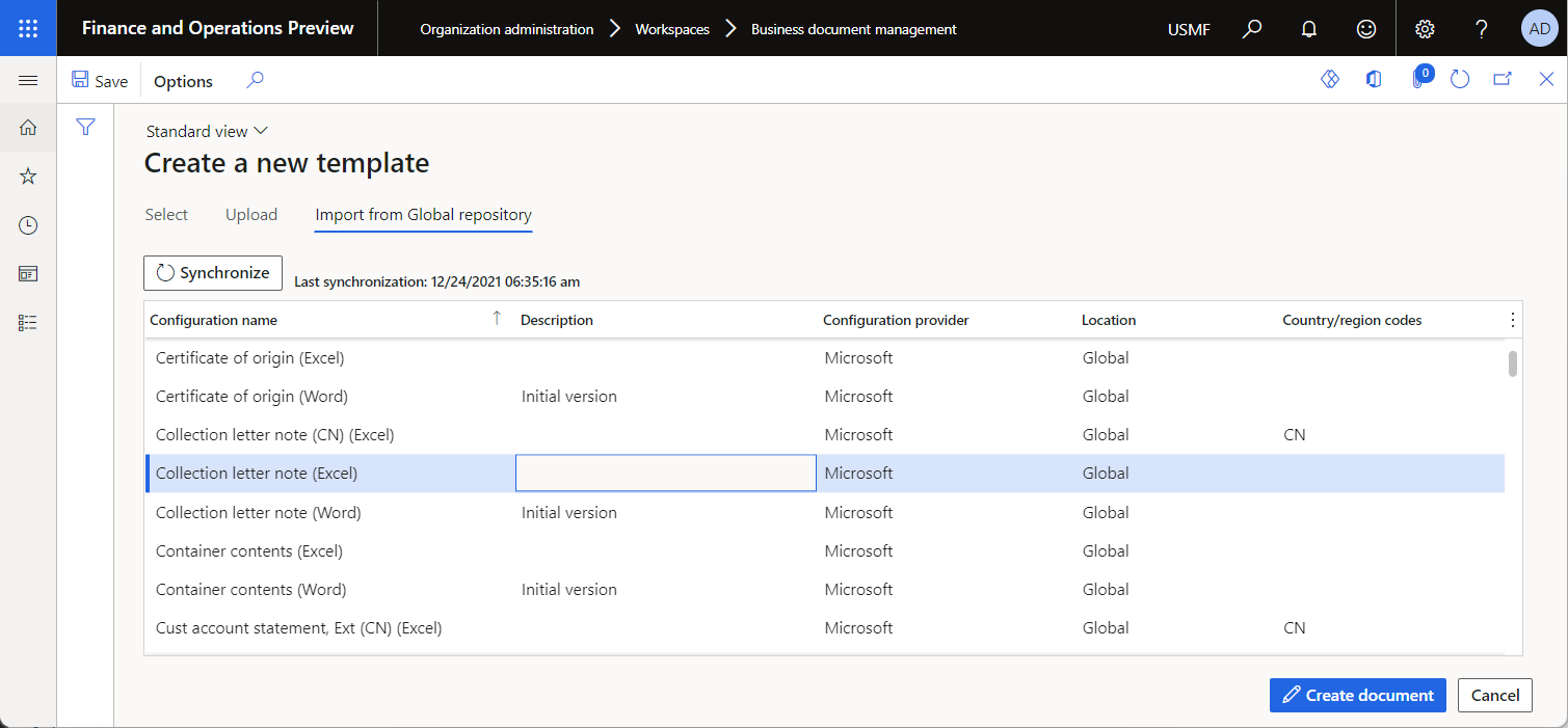 Screenshot of Import from Global repository tab on the Create a new template page.