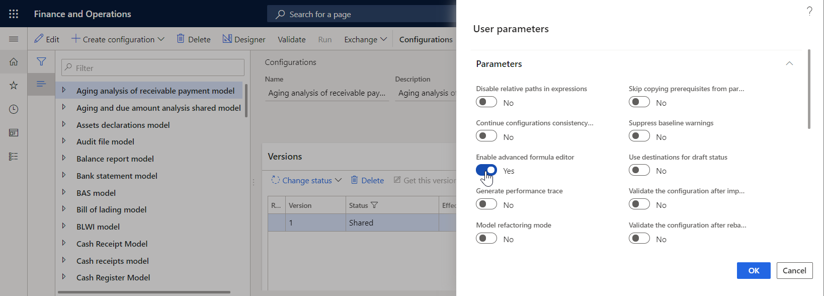 Screenshot of the User parameters dialog box with the Enable advanced formula editor parameter highlighted.