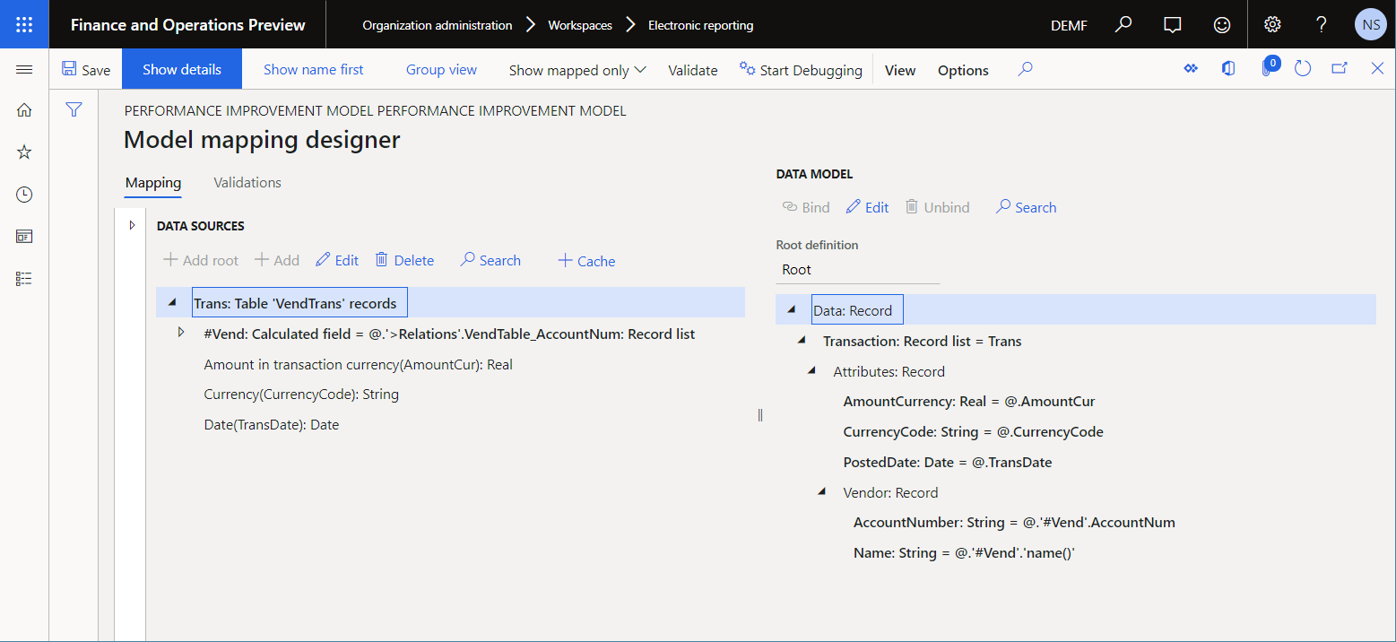 Screenshot of Trans data source on the Model mapping designer page.