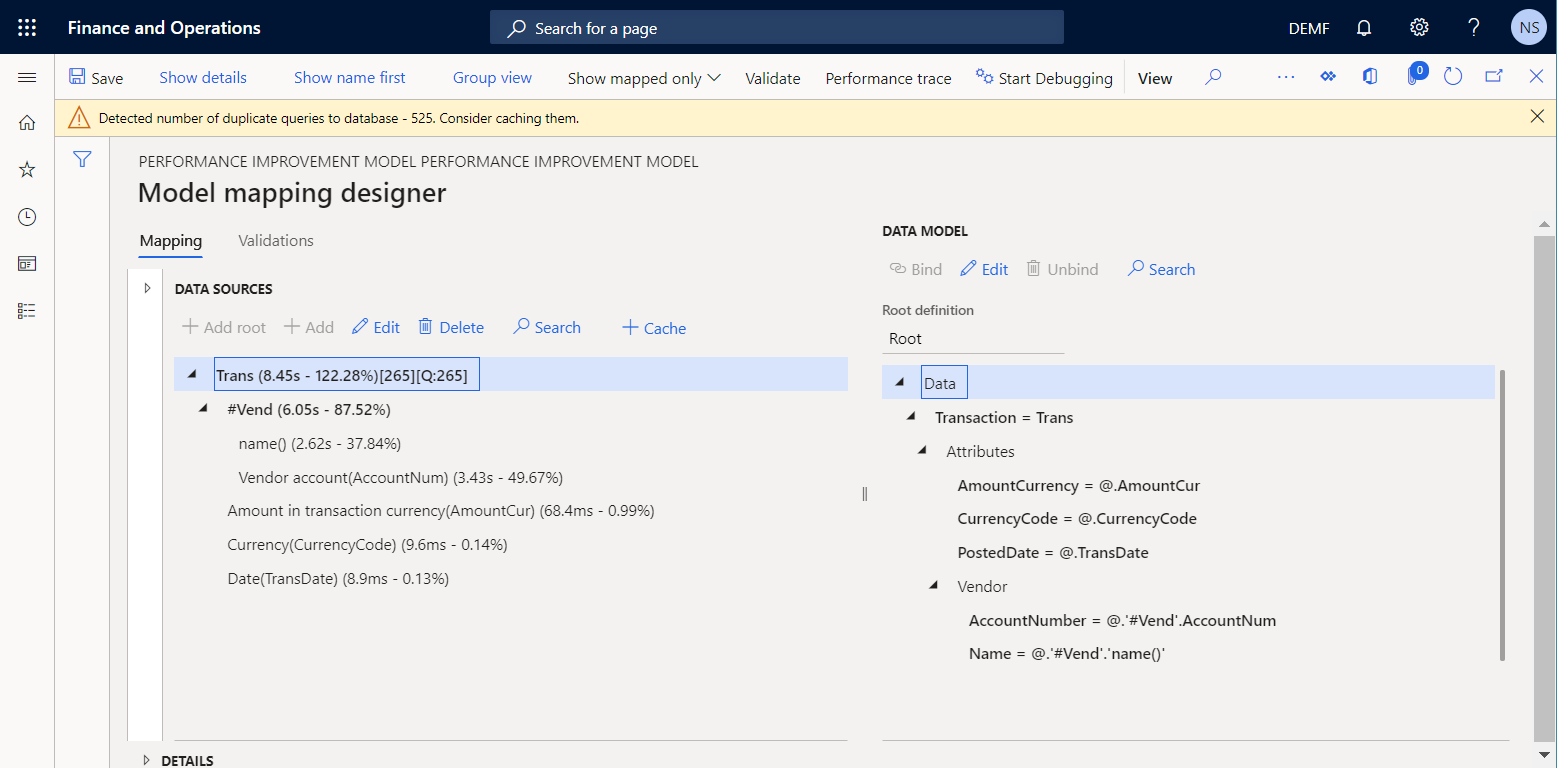 Screenshot of execution time details on the Model mapping designer page.