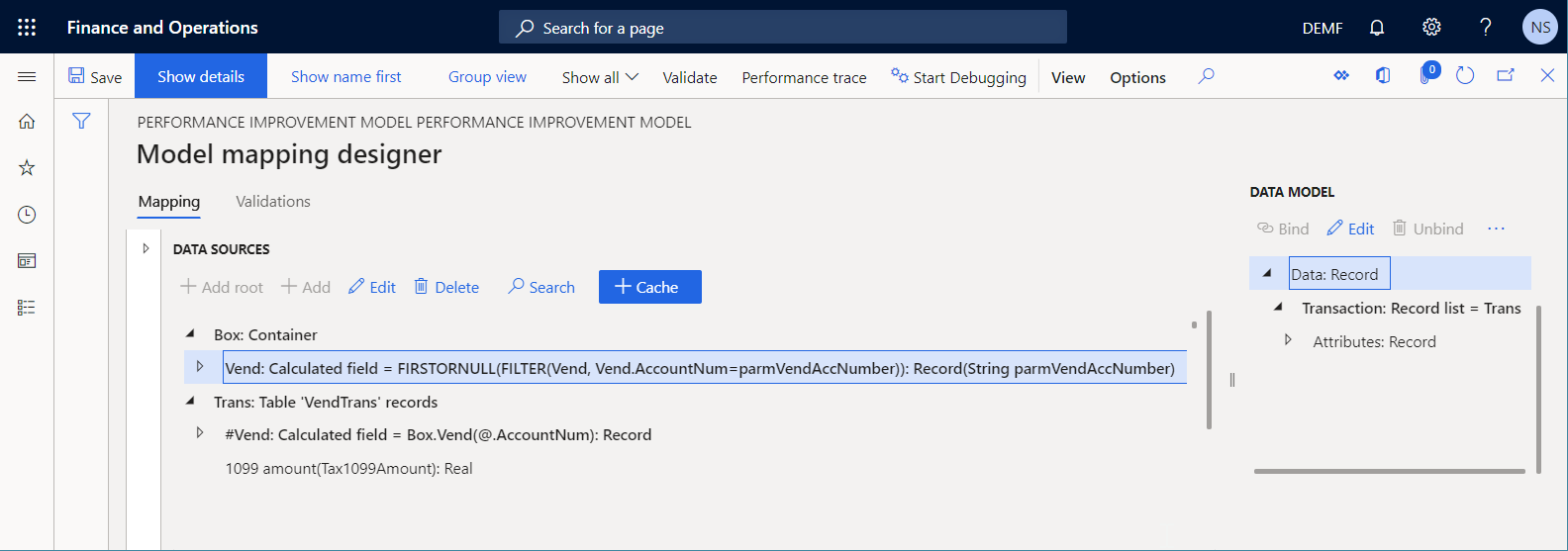 Screenshot of Vend data source on the Model mapping designer page.