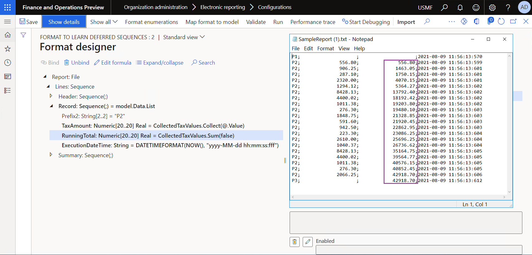 Screenshot of downloaded file that contains the results of the modified format execution.