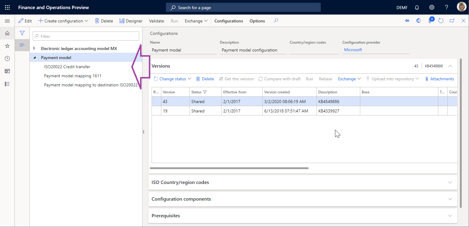 Screenshot of configurations imported on the Configurations page.