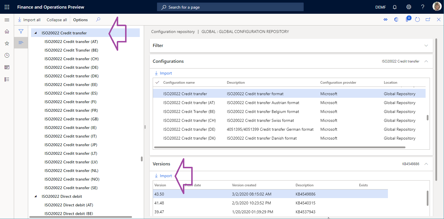 Screenshot of importing the ER payment format on the Configuration repository page.