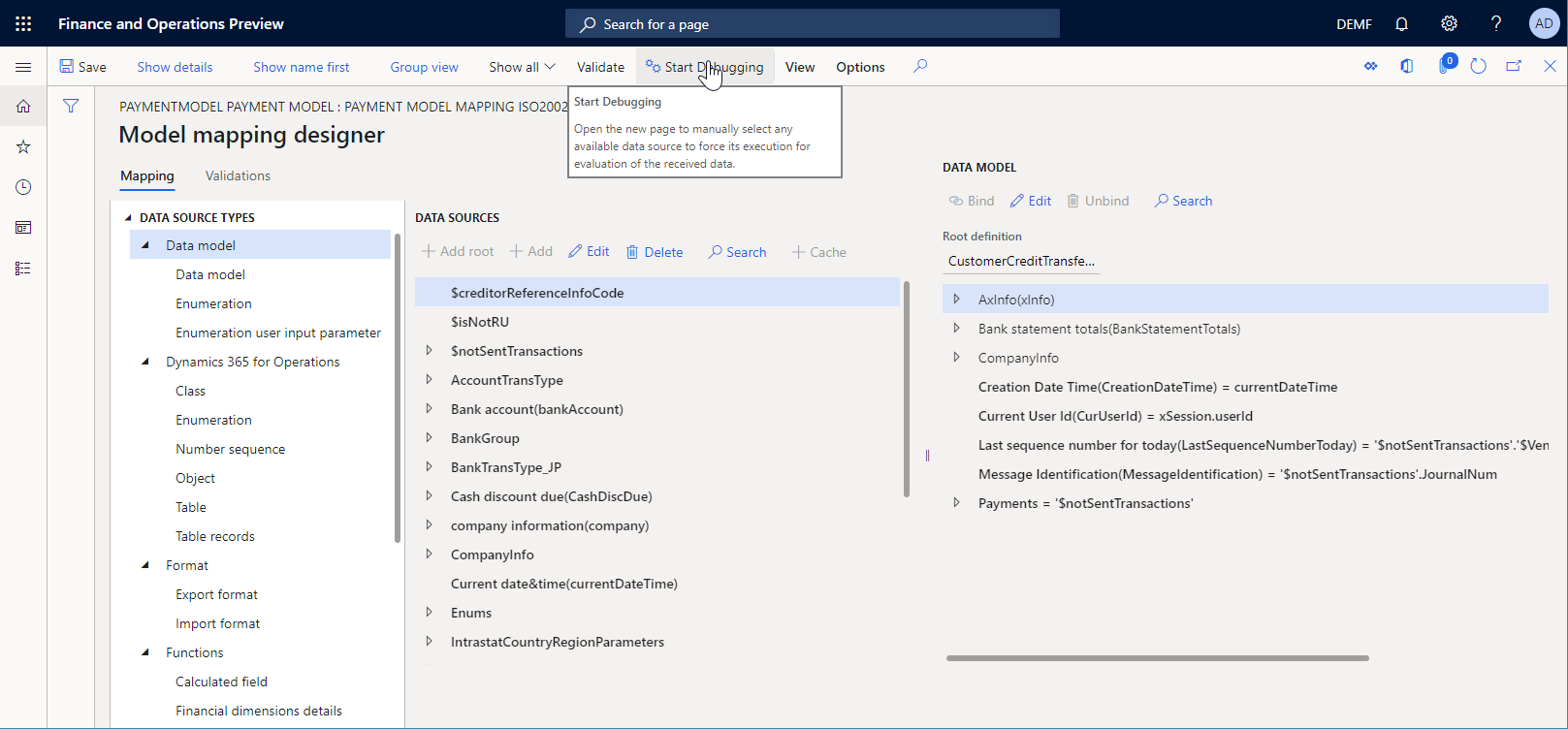 Screenshot of Start Debugging button on the Model mapping designer page.