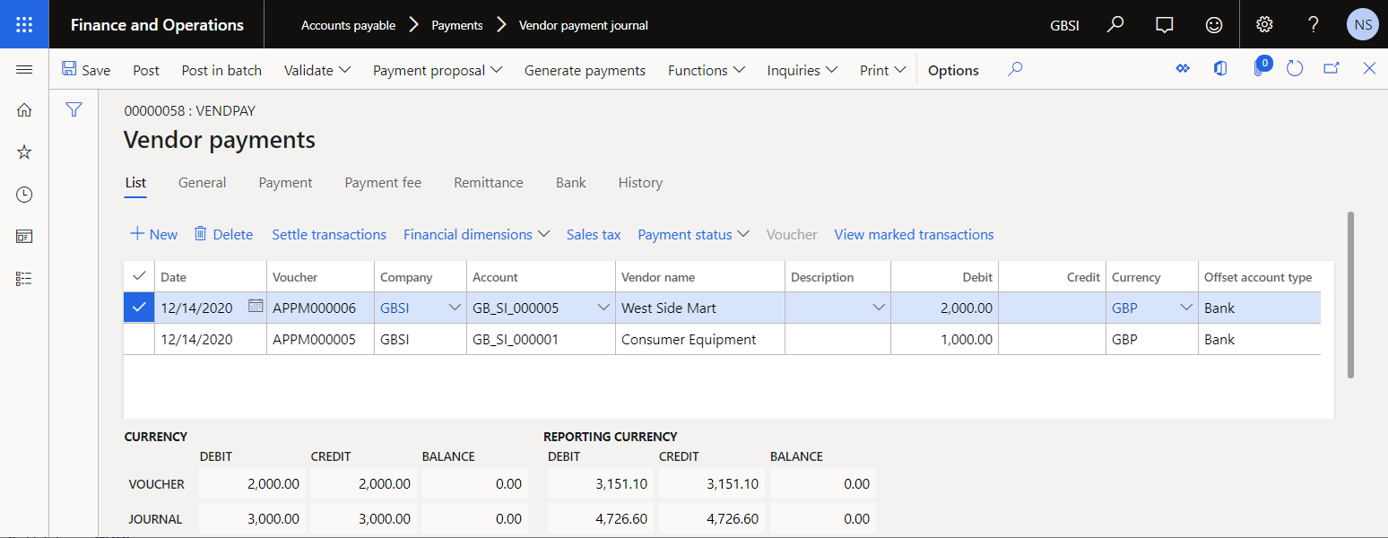 Screenshot of payments for processing on the Vendor payments page.