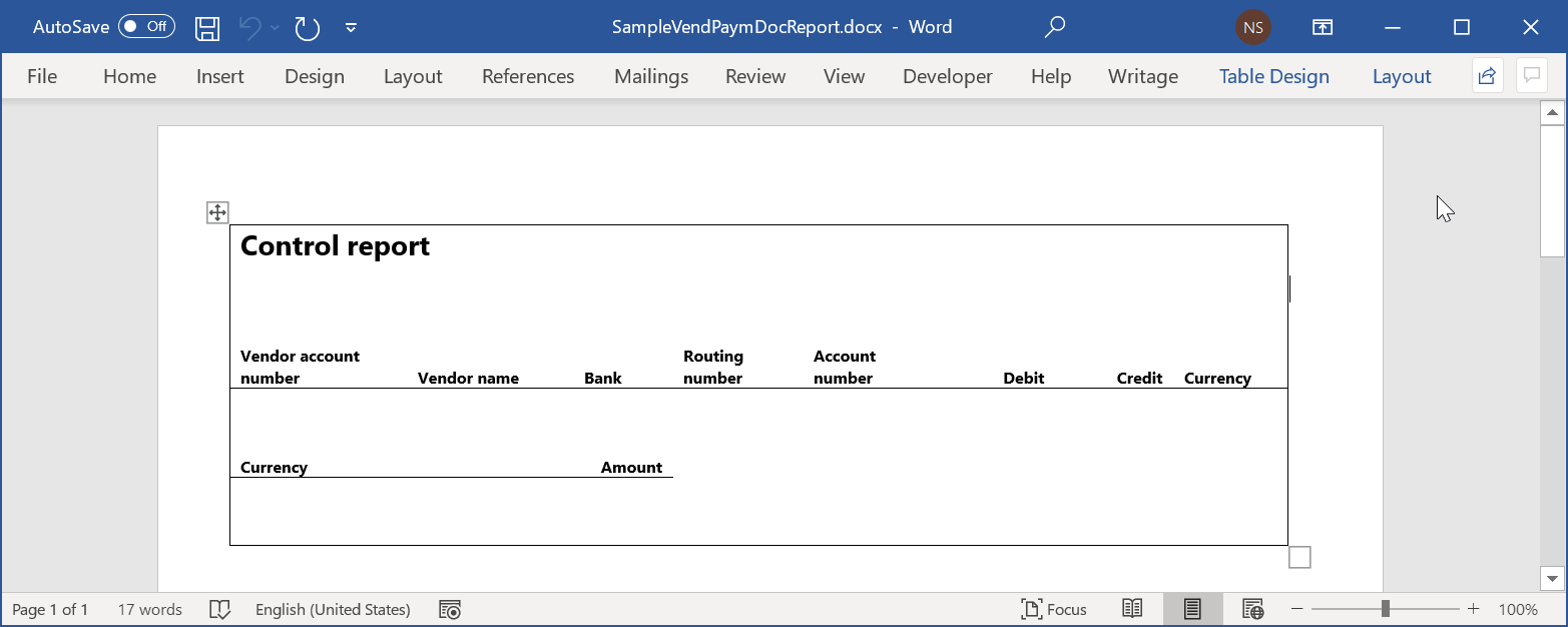 Screenshot of the sample template for the control report in the Word desktop application.