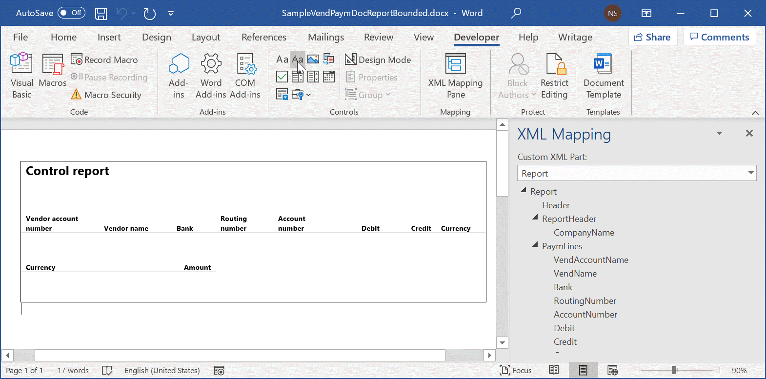 Screenshot of adding and mapping content controls in the Word desktop application.