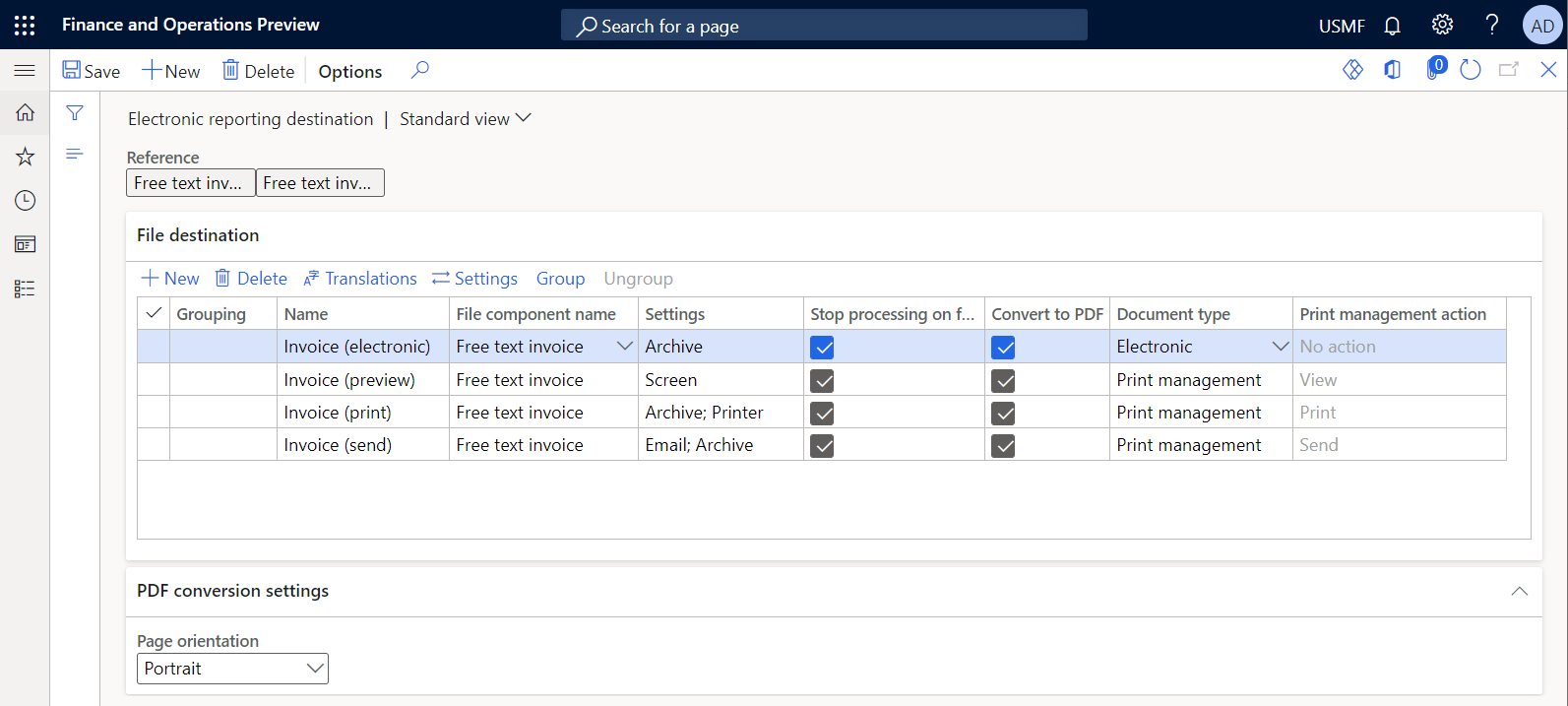 Screenshot of the Electronic reporting destination page that has action-dependent destination settings for an ER format when every destination record is configured for a single user action.