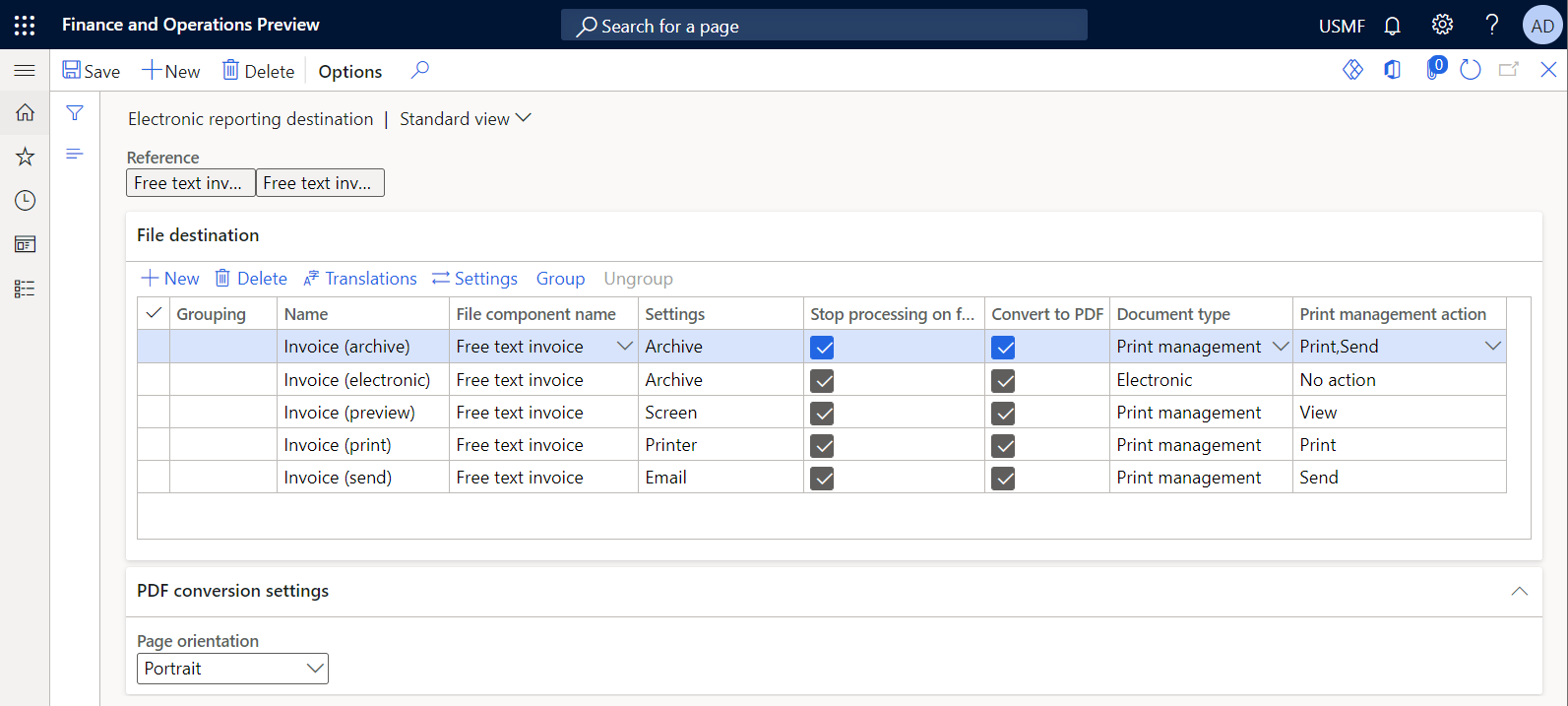 Screenshot of the Electronic reporting destination page that has action-dependent destination settings for an ER format when every destination record is configured for a single destination.