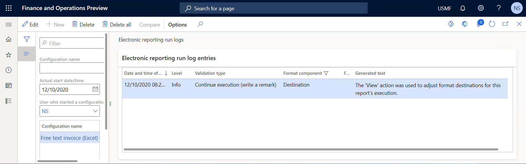 Screenshot of the Electronic reporting run logs page that contains information about the user action code that has been provided for the filtered run of an ER format.