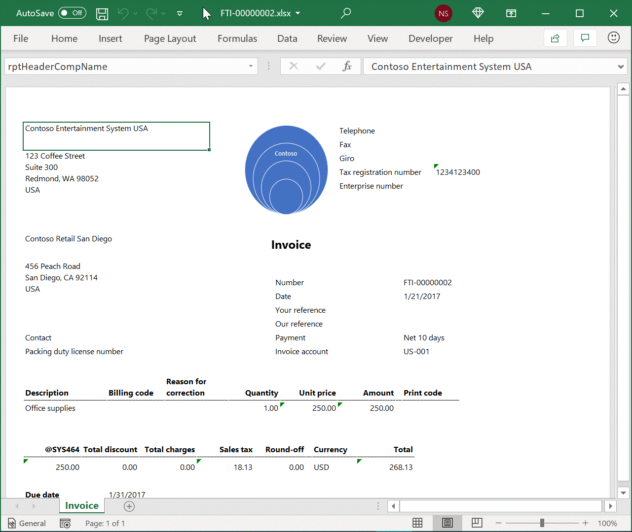 Screenshot of the footer of a generated document in Excel format.