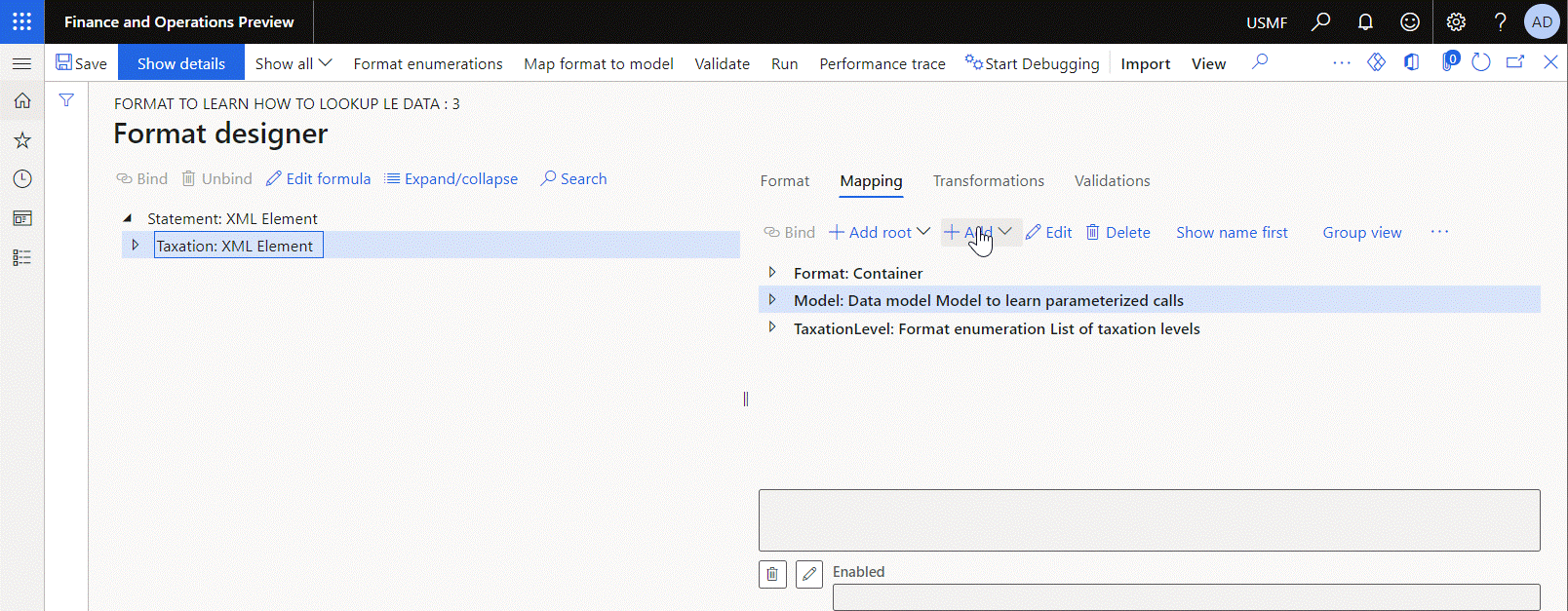 Screenshot of adding an ER data source of the Format enumeration\Lookup type.
