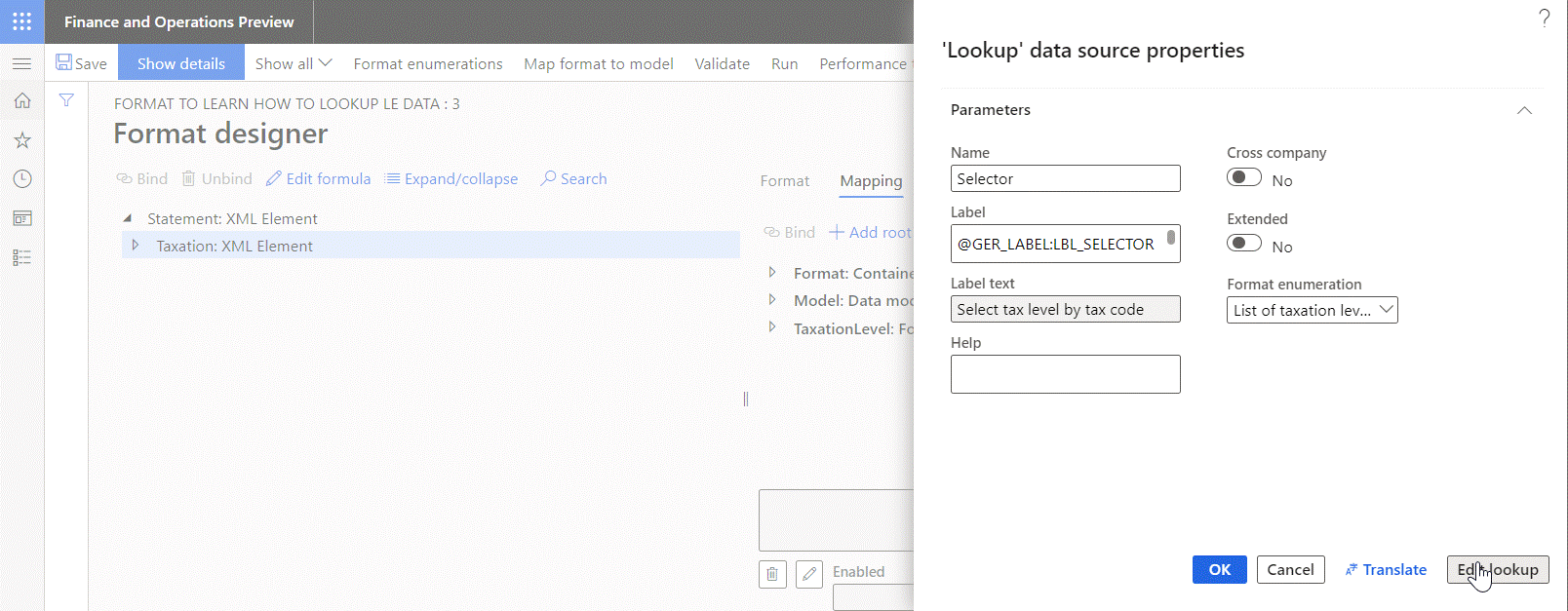 Screenshot of configuring parameters of the added data source of the Format enumeration\Lookup type.