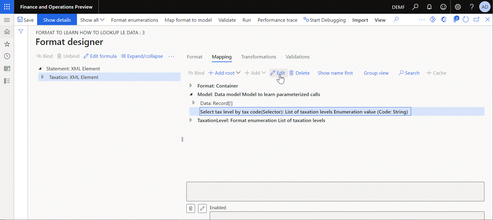Screenshot of the structured lookup data source of the Format enumeration\Lookup type.