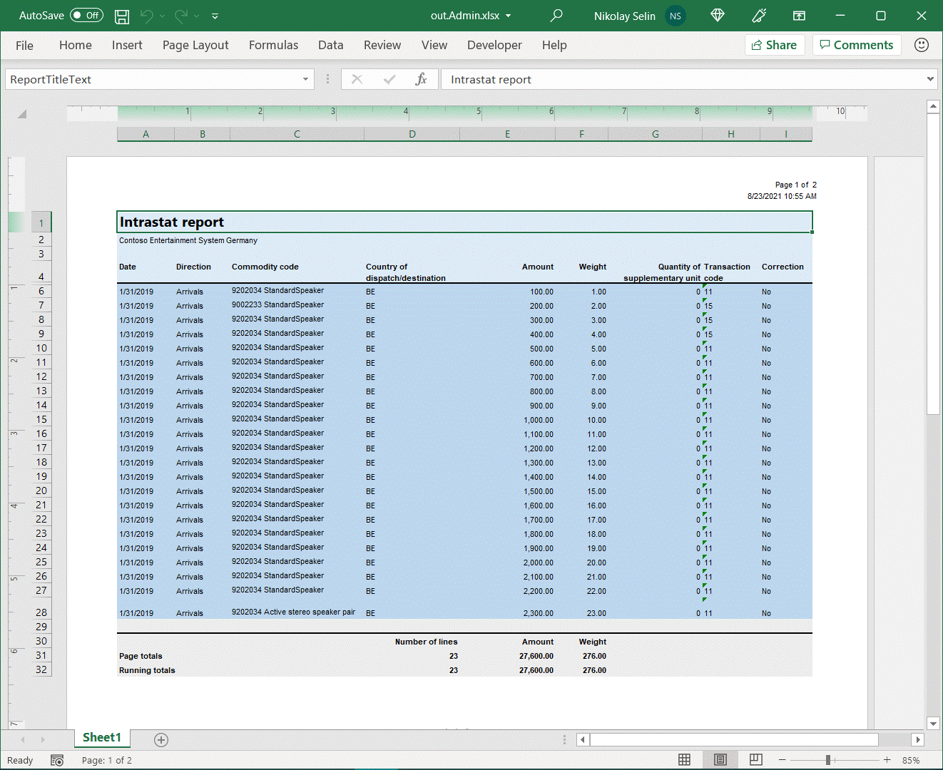 Screenshot of the updated generated Excel document in the desktop application.