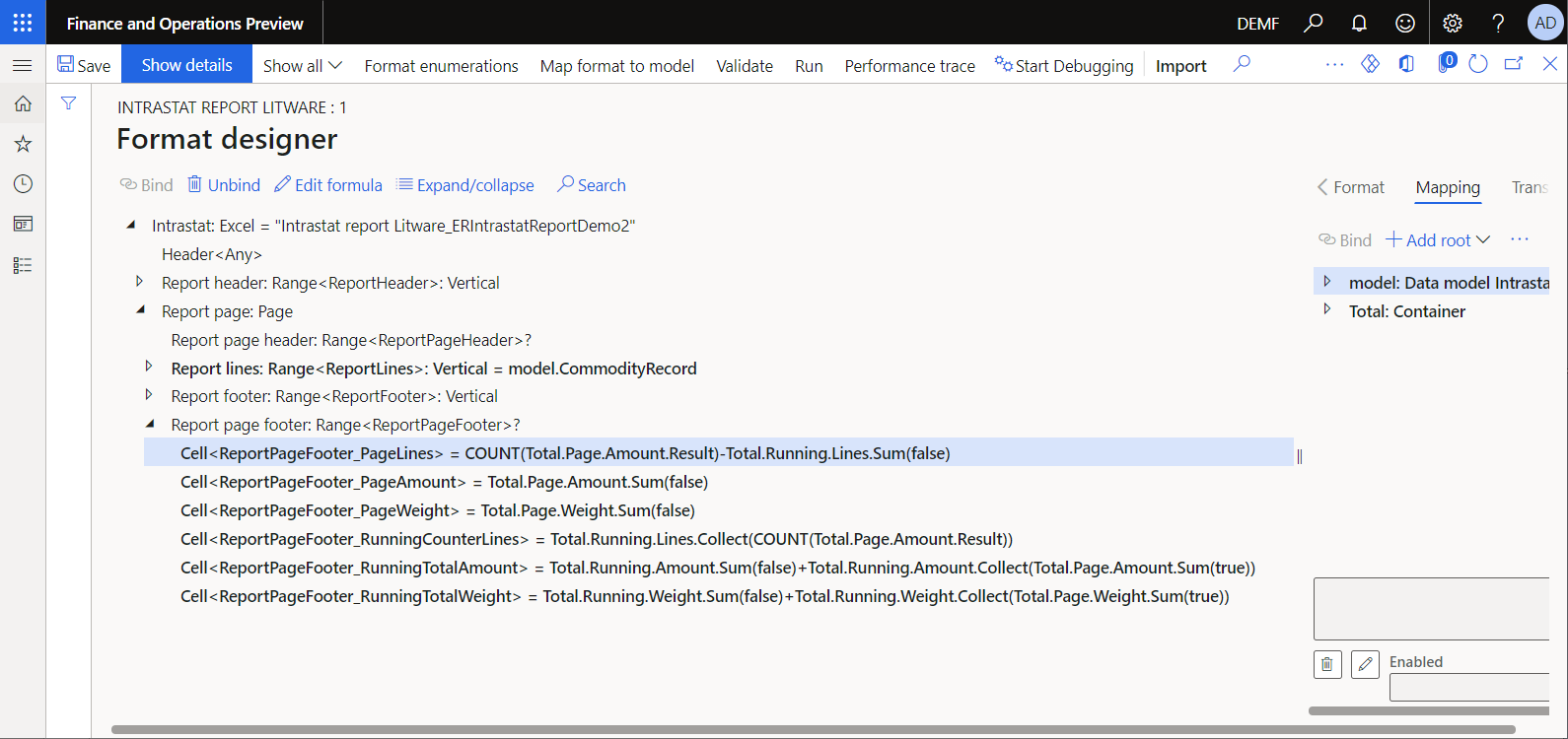 Screenshot of the configured bindings for filling in the page footer counter in the ER format designer.