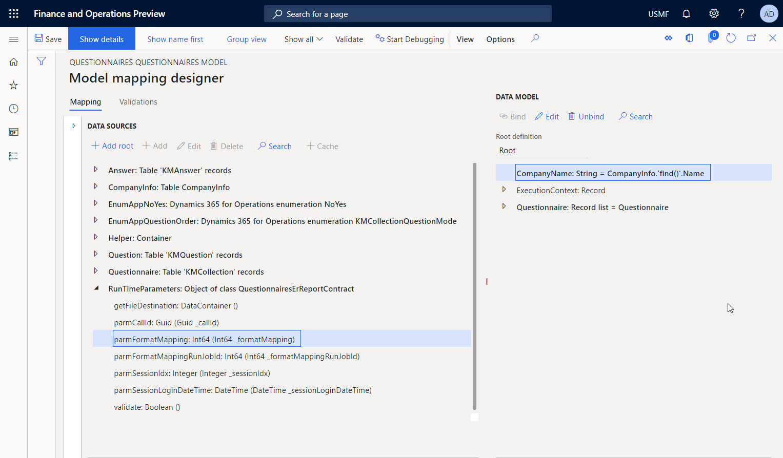 Screenshot of the added data source in the ER model mapping designer.