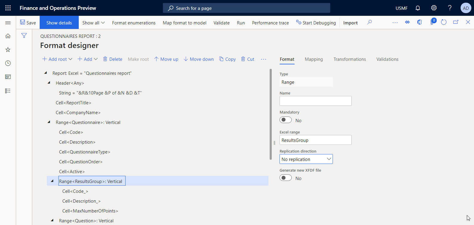 Screenshot of defining the replication direction for Range format elements in the ER Operation designer.