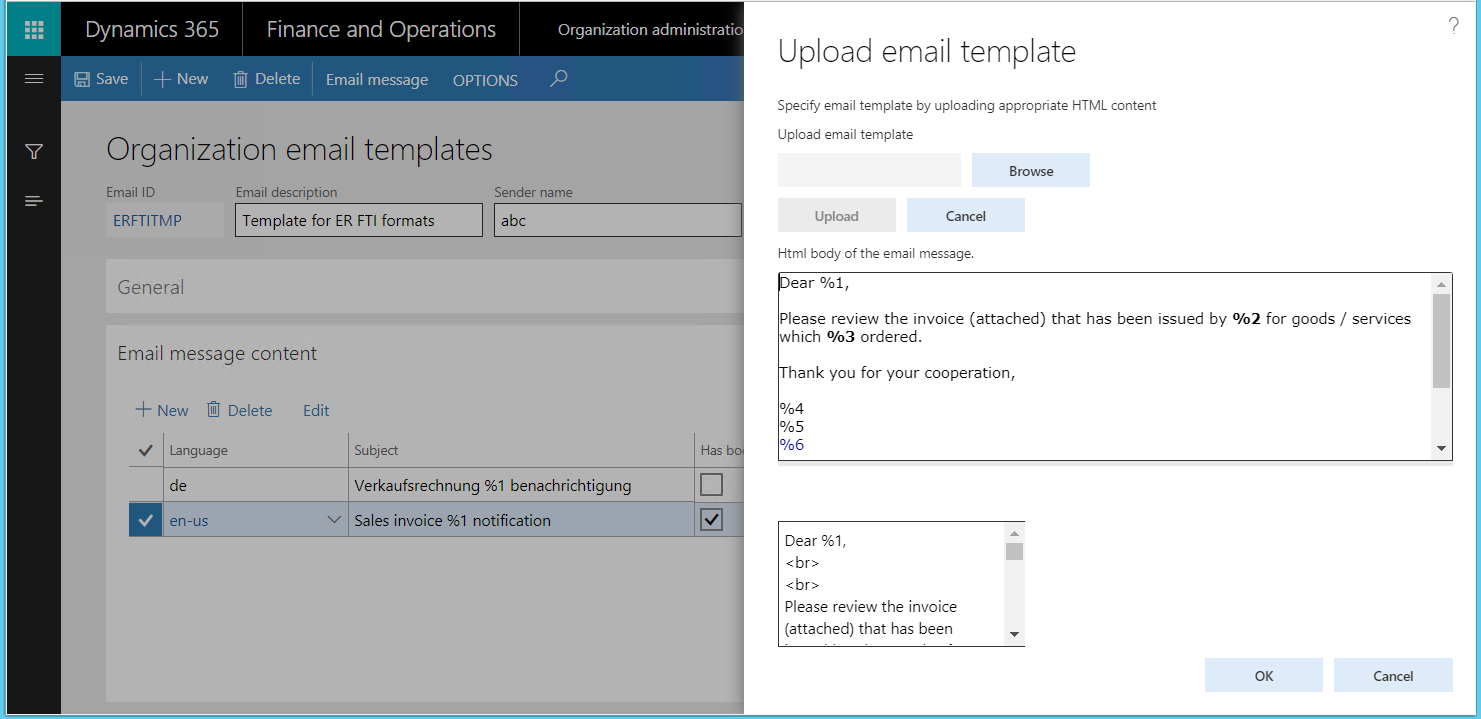 Screenshot of the upload email template body.