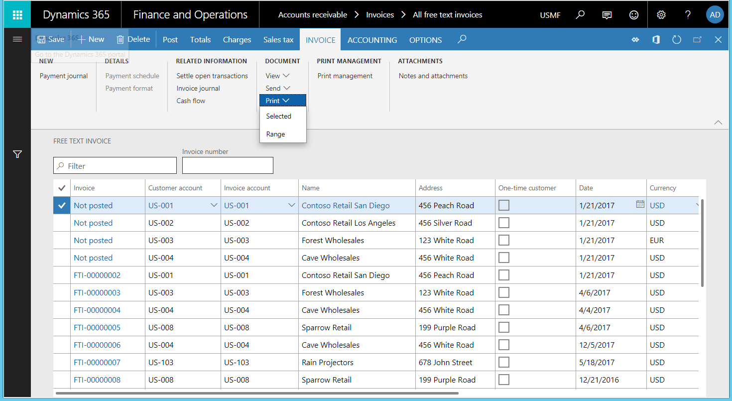 Screenshot of the invoice selection options.