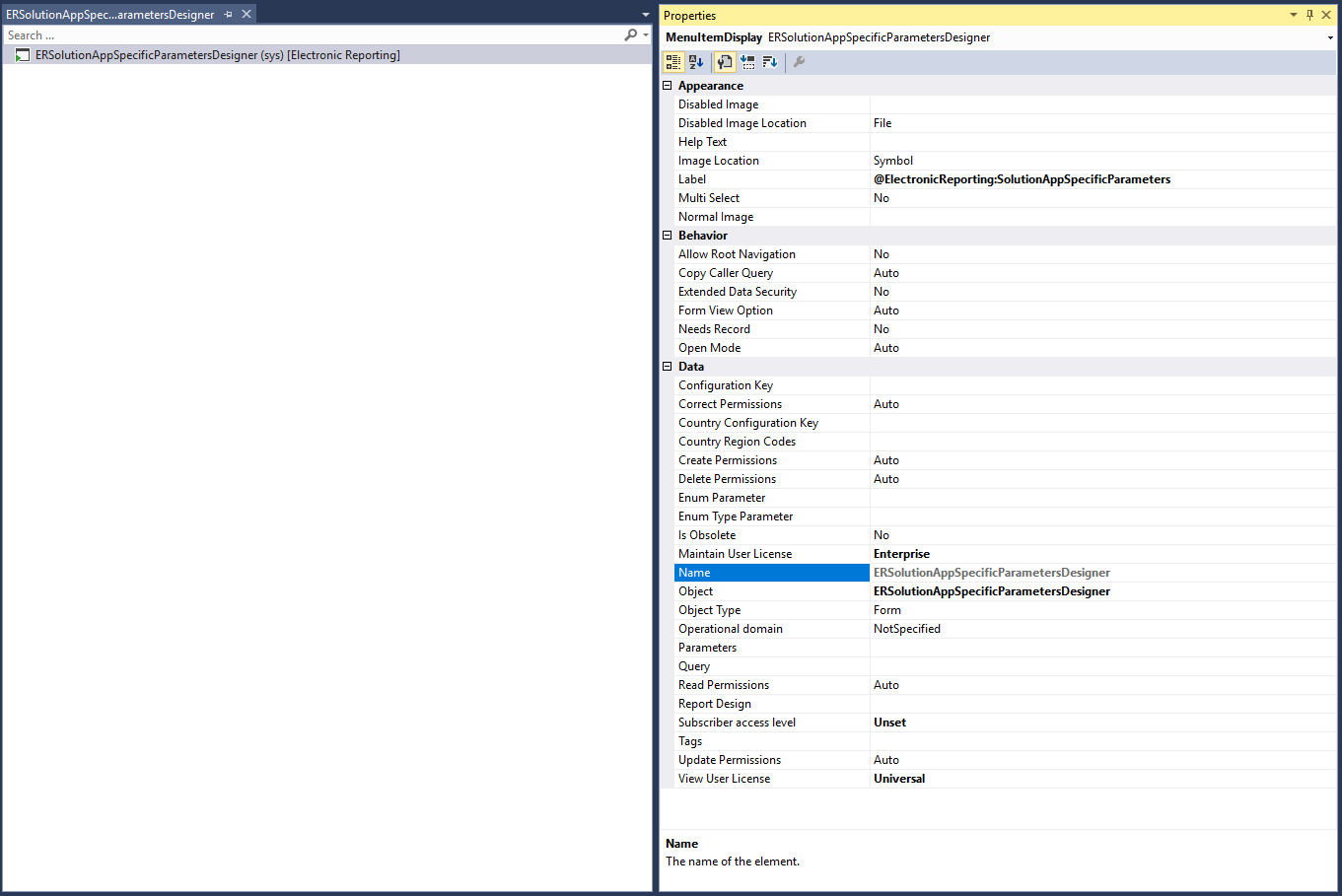 Screenshot of the menu item display of ERSolutionAppSpecificParametersDesigner.